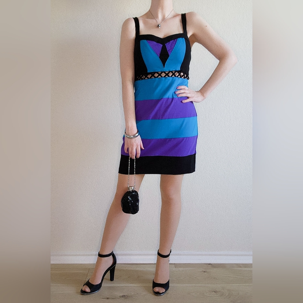 Blue, Black, and Purple Mini Bodycon Club Dress, Size 9/10
